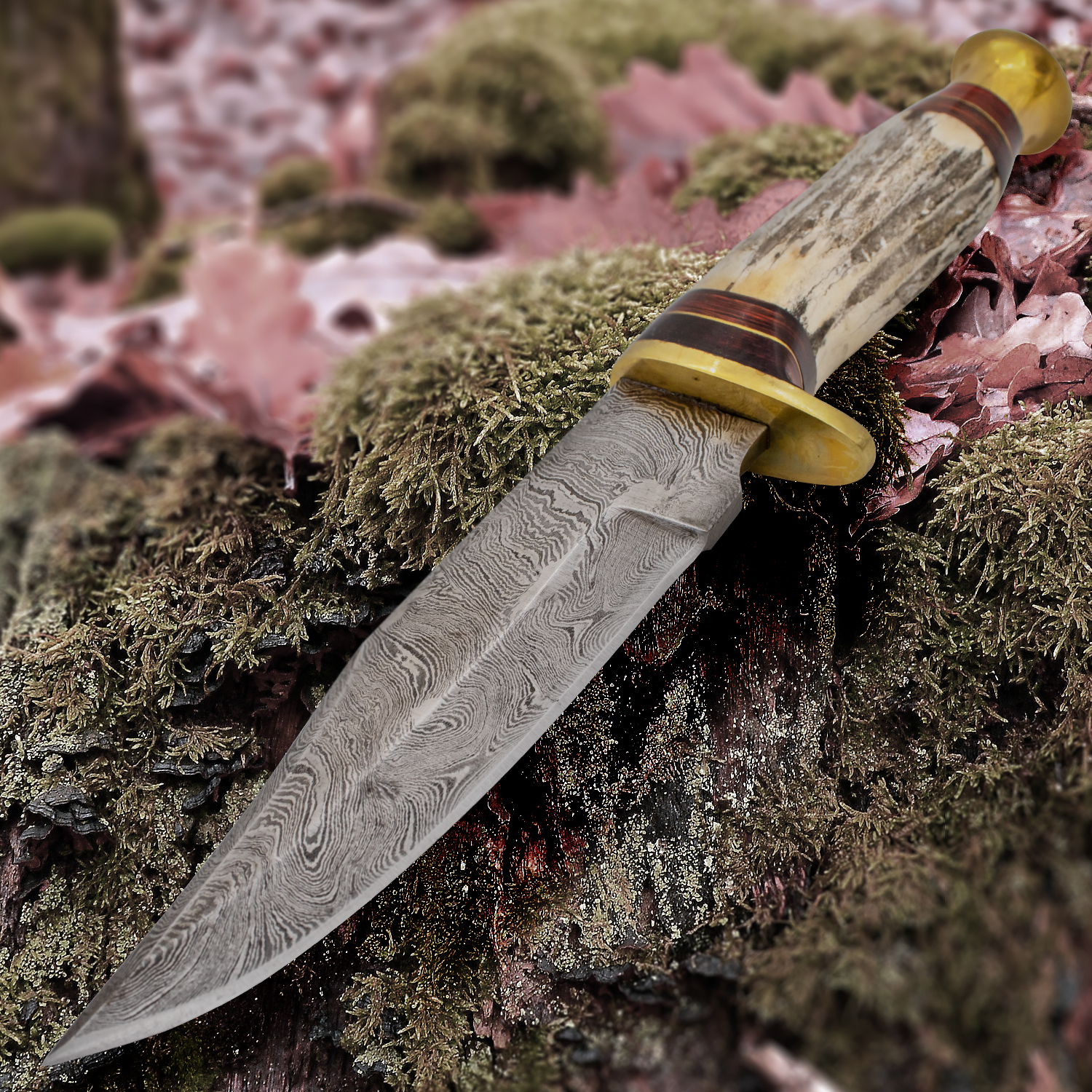 Red Deer Stag Handle Damascus Hunting Knife